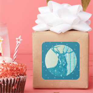 Adesivo Quadrado Vintage Aqua Teal Buck Deer Birch Tree Snowflake