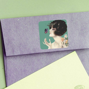 Adesivo Quadrado Vintage Art Deco Lady Butterfly Bonito Flores