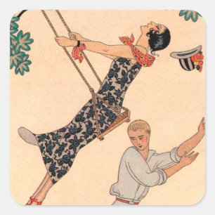 Adesivo Quadrado Vintage Art Deco Love, The Swing by George Barbier