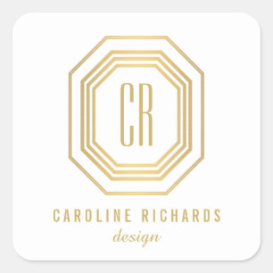 Adesivo Quadrado Vintage Art Deco Monograma Dourado/Branco