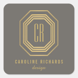 Adesivo Quadrado Vintage Art Deco Monograma Dourado/Cinza