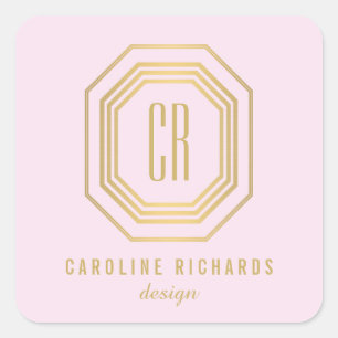 Adesivo Quadrado Vintage Art Deco Monograma Dourado/Rosa