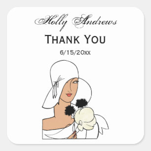 Adesivo Quadrado Vintage Art Deco Mulher com Flores Vestindo Chapéu