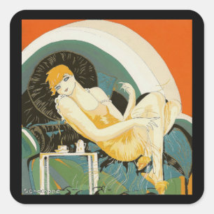 Adesivo Quadrado Vintage Art Deco Mulher reformulando no sofá, Chom