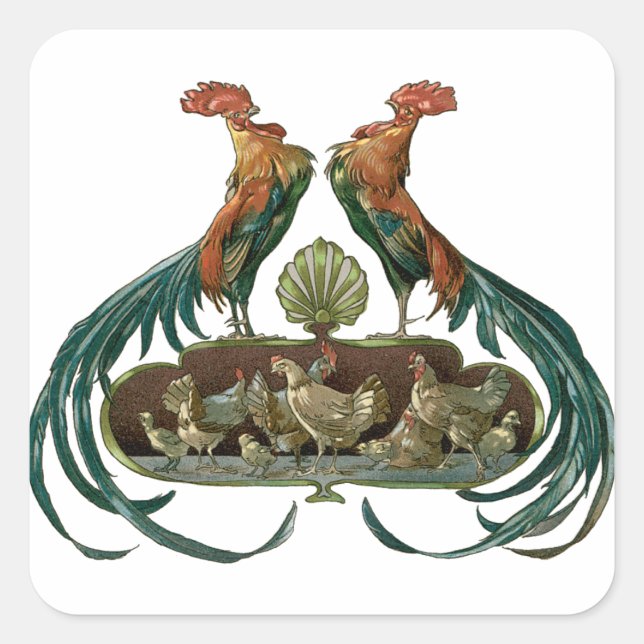 Adesivo Quadrado Vintage Art Nouveau Chickens and Roosters (Frente)