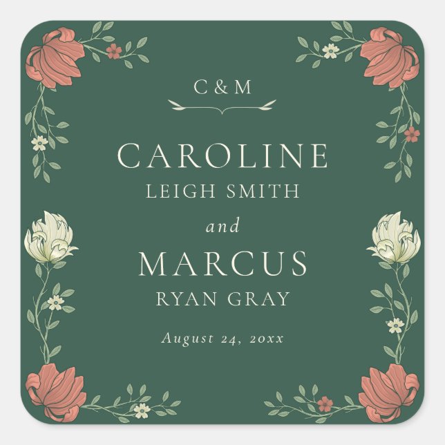 Adesivo Quadrado Vintage Art Nouveau Floral Wedding (Frente)