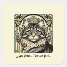 Adesivo Quadrado Vintage Art Nouveau Inspirou Creme e Gato Verde