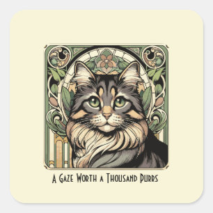 Adesivo Quadrado Vintage Art Nouveau Inspirou Creme e Gato Verde