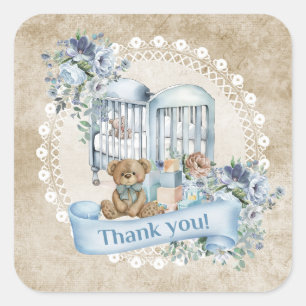 Adesivo Quadrado Vintage, azul empoeirado e flores beges, eucalipto