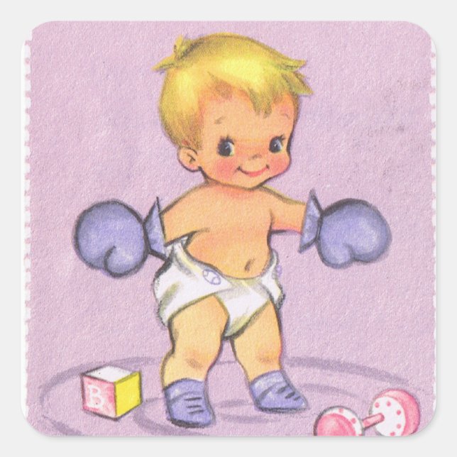 Adesivo Quadrado Vintage Baby Announce/Boxing Glove (Frente)