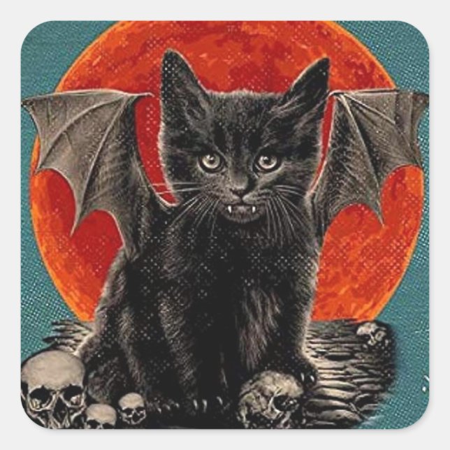 Adesivo Quadrado Vintage Batcat Spooky Happy Halloween (Frente)