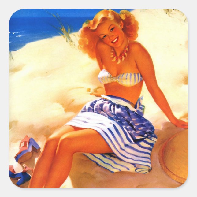 Adesivo Quadrado Vintage Beach Summer Pin Up Girl (Frente)