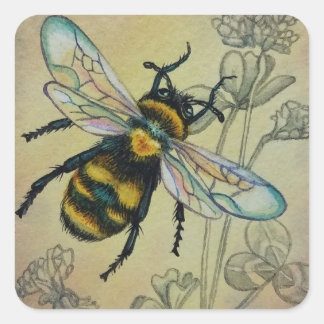 Adesivo Quadrado Vintage Bee n.º 2 e Clover Watercolor Art