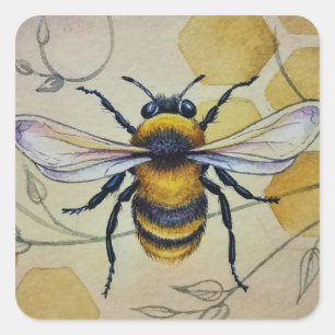 Adesivo Quadrado Vintage Bee No. 1 e Honeycomb Watercolor Art