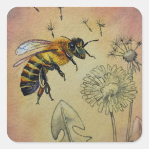 Adesivo Quadrado Vintage Bee No. 4 Dandelion Watercolor Art