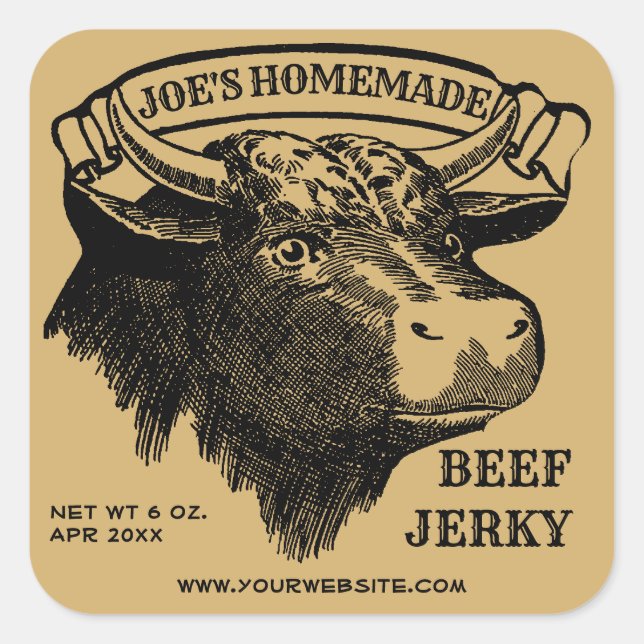 Adesivo Quadrado Vintage Beef Jerky Bull Head Modelo (Frente)