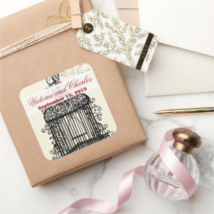 Adesivo Quadrado Vintage Bird Cage Musical Love Bird Aqua Casamento