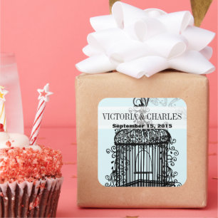 Adesivo Quadrado Vintage Bird Cage Musical Love Bird Aqua Casamento