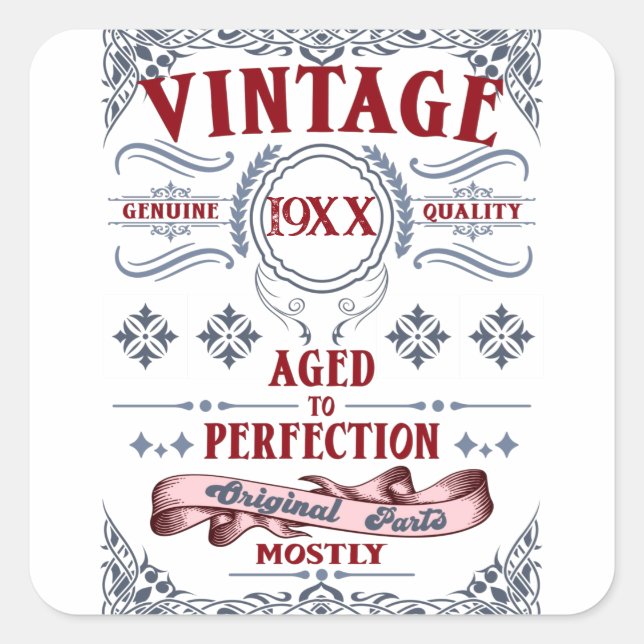 Adesivo Quadrado Vintage Birthday, Aged to Perfection, Retro (Frente)