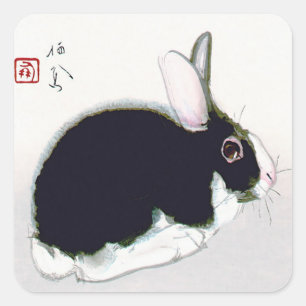 Adesivo Quadrado Vintage Black and White Rabbit, Arte Japonesa