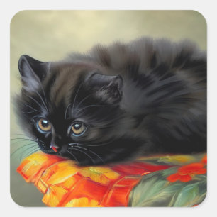 Adesivo Quadrado Vintage Black Kitten com Red Flower Blanket