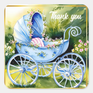Adesivo Quadrado Vintage Blue Baby Carruagem in Garden Bloom