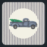 Adesivo Quadrado Vintage Blue Christmas Tree Sticker<br><div class="desc">Estes Vintage Blue Christmas Tree Stickers apresentam a minha pintura de aquarela original de um caminhão com carregando de Natal numa árvore de Natal inspirada em azul e num fundo de estilo listrado branco e de cócegas. Cuta para selos de embalagem ou selos de invólucro.</div>