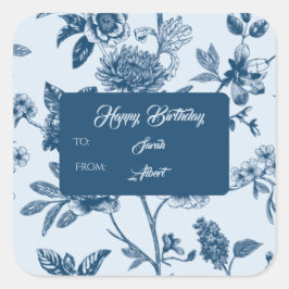 Adesivo Quadrado Vintage Blue Floral Toile Aniversário