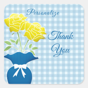 Adesivo Quadrado Vintage Blue Gingham Yellow Roses Vase Obrigado