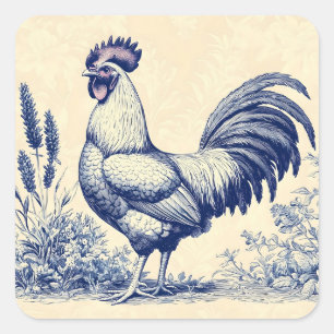 Adesivo Quadrado Vintage Blue Rooster em um Jardim Floral