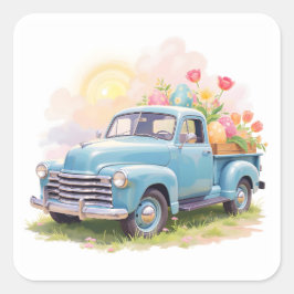 Adesivo Quadrado Vintage Blue Truck with Easter Eggs & Tulips