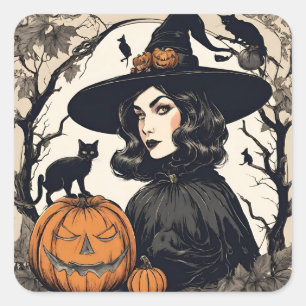 Adesivo Quadrado Vintage Bonito Bruxa de Halloween com Gatos Negros