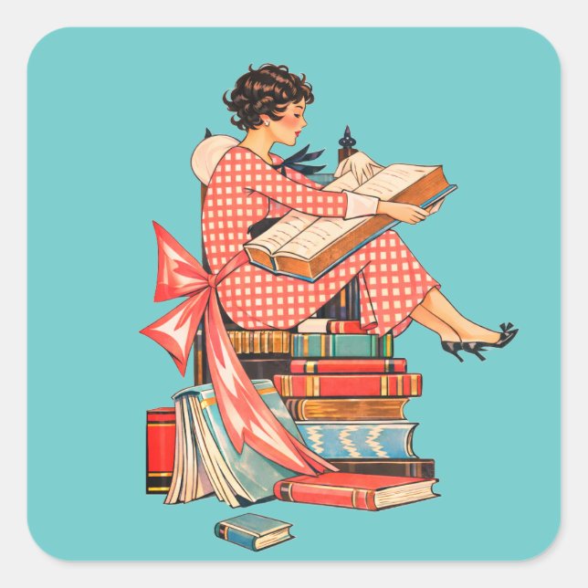 Adesivo Quadrado Vintage Book Lover Reading Illustration (Frente)