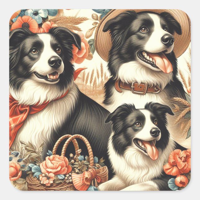 Adesivo Quadrado Vintage Border Collie Painting (Frente)