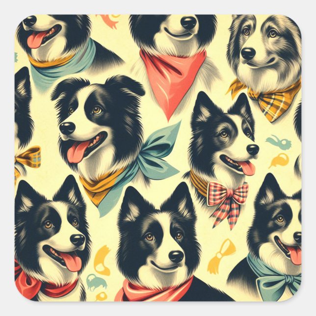 Adesivo Quadrado Vintage Border Collie Seamless (Frente)