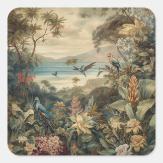 Adesivo Quadrado Vintage botânica bird flores no paraíso