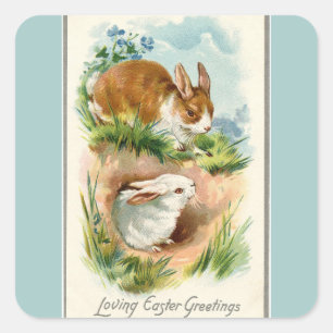 Adesivo Quadrado Vintage Bunnies Loving Páscoa Blue
