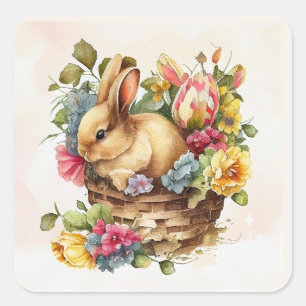 Adesivo Quadrado Vintage Bunny Pink Yellow Flowers Primavera