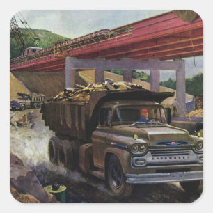 Adesivo Quadrado Vintage Business Dump Truck em um local de constru