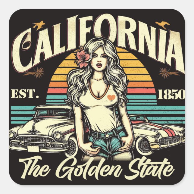 Adesivo Quadrado Vintage California Girl (Frente)