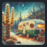 Adesivo Quadrado Vintage Camper Christmas em Desert Saguaro Cactus<br><div class="desc">Vintage Camper Christmas em Desert Saguaro Cactus</div>