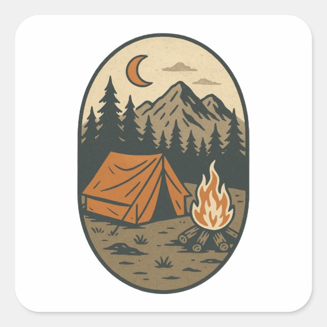 Adesivo Quadrado Vintage Camping Night Scene Campfire Mountains (Frente)