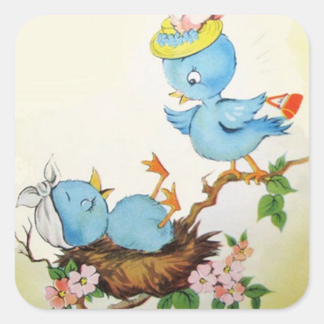 Adesivo Quadrado Vintage Cartoon Birds em um Ninho (Frente)