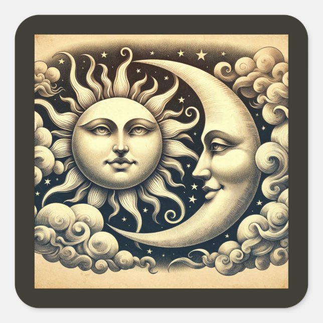 Adesivo Quadrado Vintage Celestial Sun & Moon (Frente)