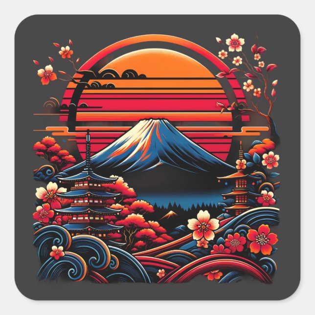 Adesivo Quadrado Vintage, Cherry Blossom Sakura Monte Fuji (Frente)