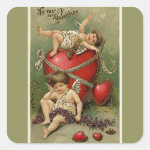 Adesivo Quadrado Vintage Cherubs e Namorados Hearts Green