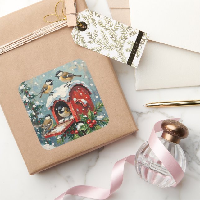 Adesivo Quadrado Vintage Chickadees on Snowy Christmas Mailbox (Presentear)