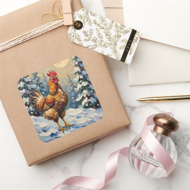 Adesivo Quadrado Vintage Chicken in Snowy Christmas Wonderland (Presentear)