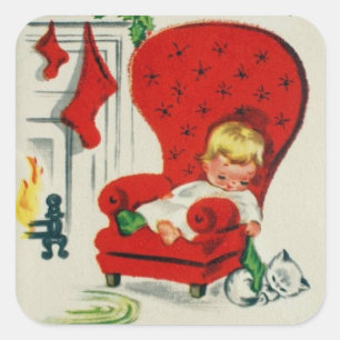 Adesivo Quadrado Vintage Child and Cat Wait For Papais noeis