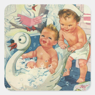 Adesivo Quadrado Vintage Children reproduzindo bolhas em Swan Batht